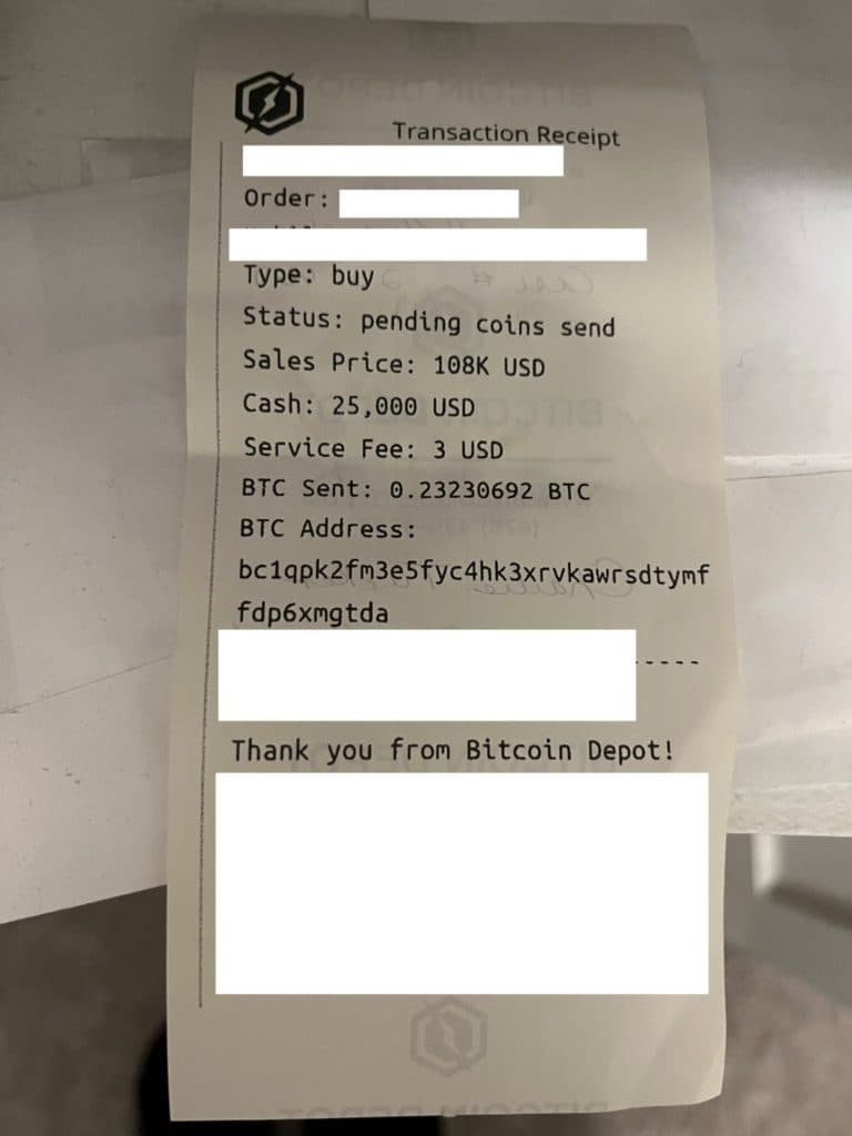 Bitcoin Depot ATM transaction receipt showing Sales Price: 108K USD, Cash: $25,000, BTC Sent: 0.23230692, BTC Address: bc1qpk2fm3e5fyc4hk3xrvkawrsdtymf_fdp6xmgtda — from ZachXBT's April 22 post