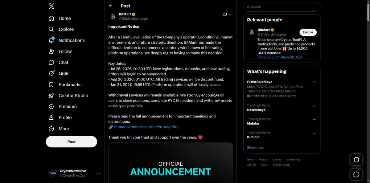 BitMart's official wind-down notice posted on X
