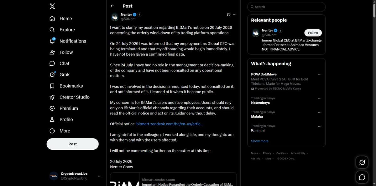 Nenter Chow's statement on X about his termination