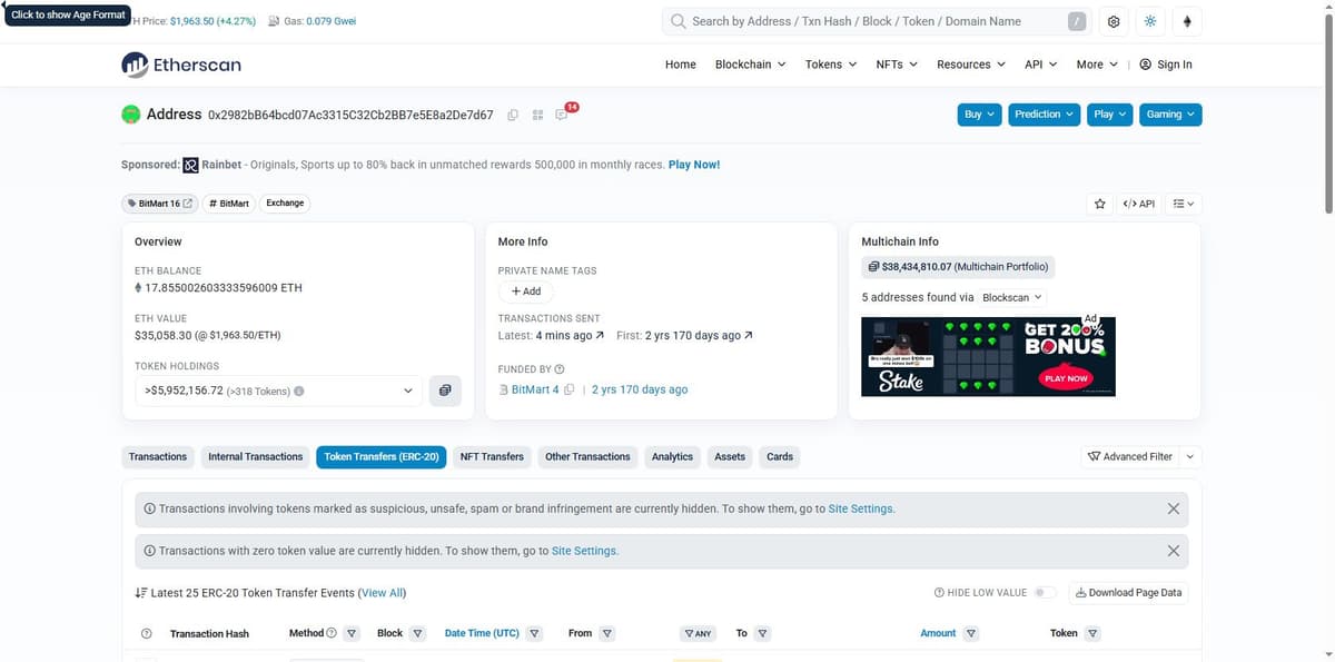 BitMart's own labeled hot wallet on Etherscan
