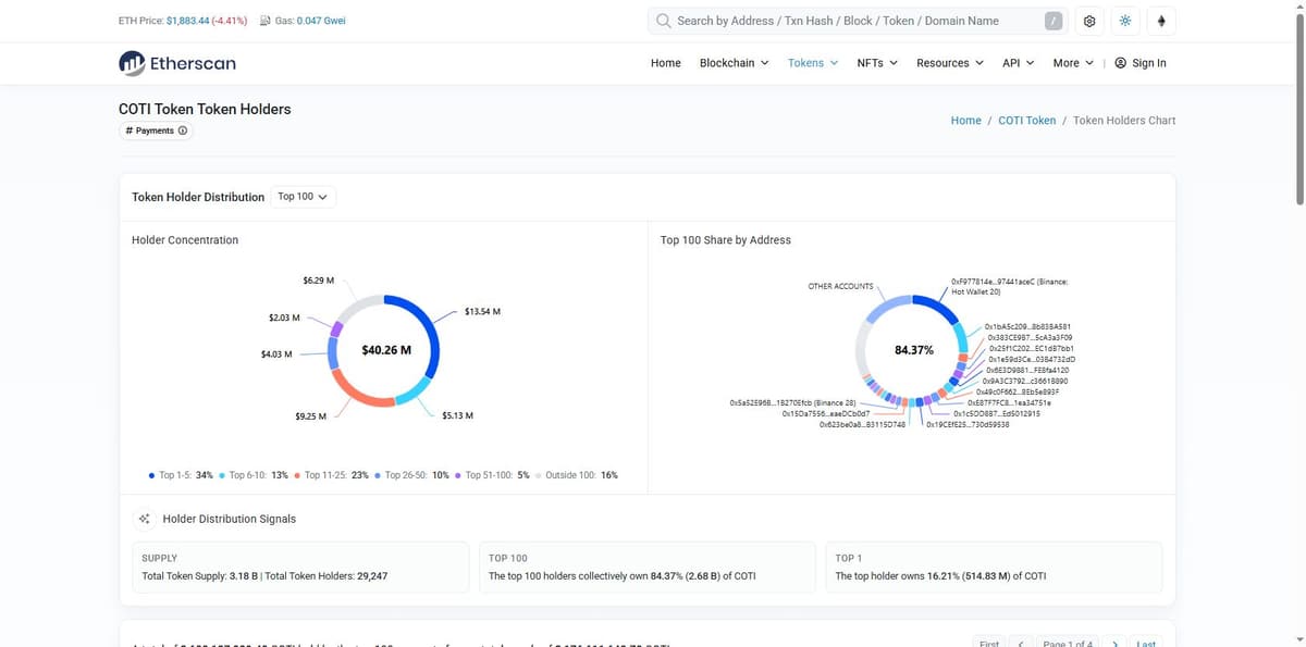 Etherscan holder chart showing COTI token distribution across top wallets