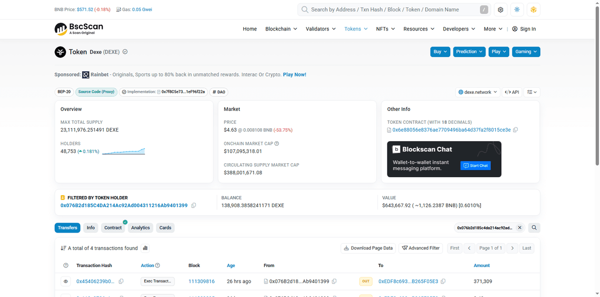 BscScan wallet showing 371,309 DEXE sent out before the crash