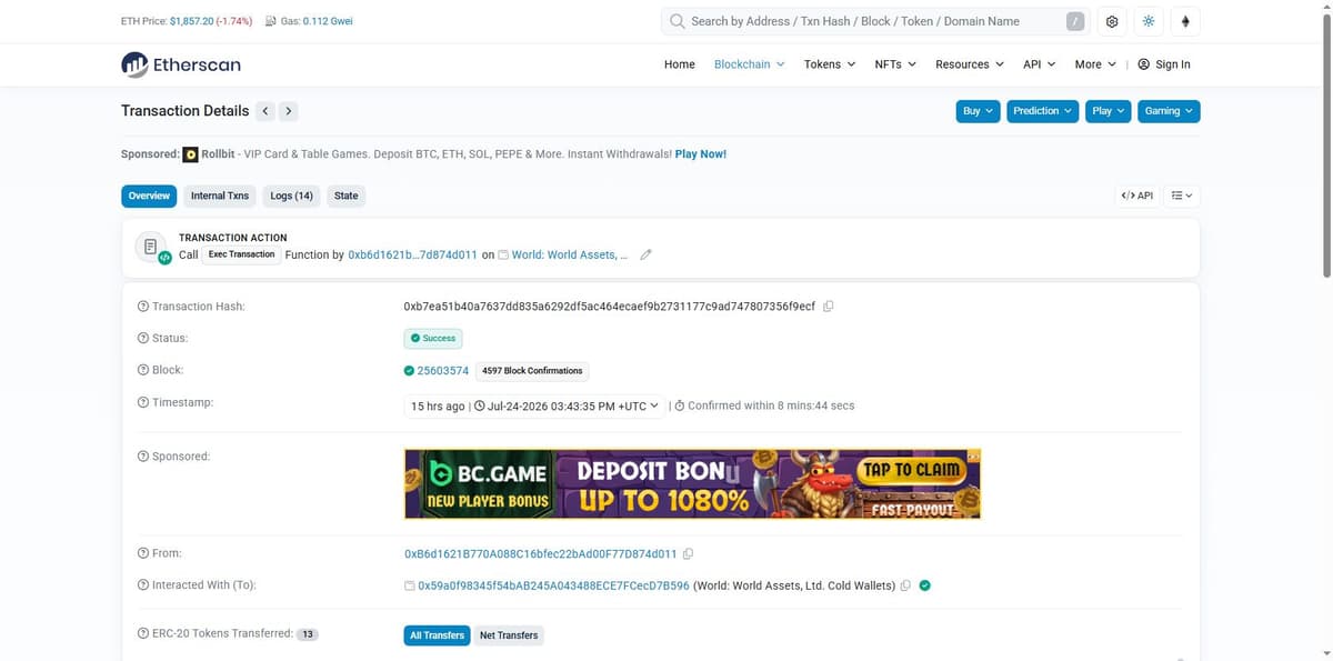 Etherscan transaction details showing the Worldcoin multisig Exec Transaction moving WLD to 13 addresses