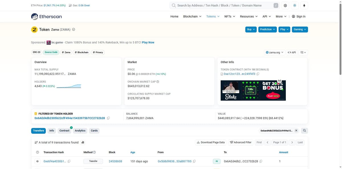 Etherscan transaction history for ZAMA's largest holder wallet showing no activity in 151 days