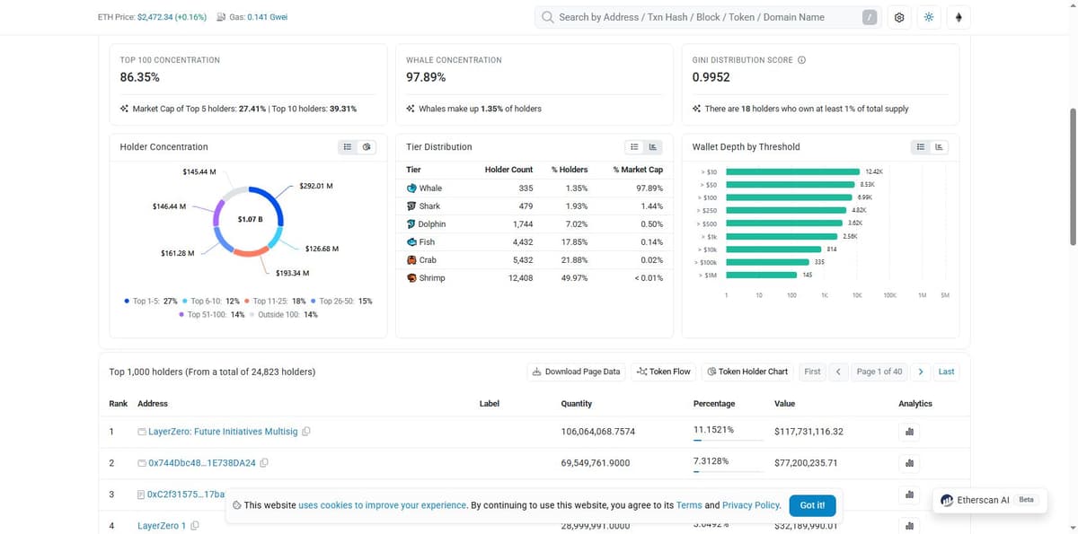 Etherscan LayerZero token holder concentration dashboard