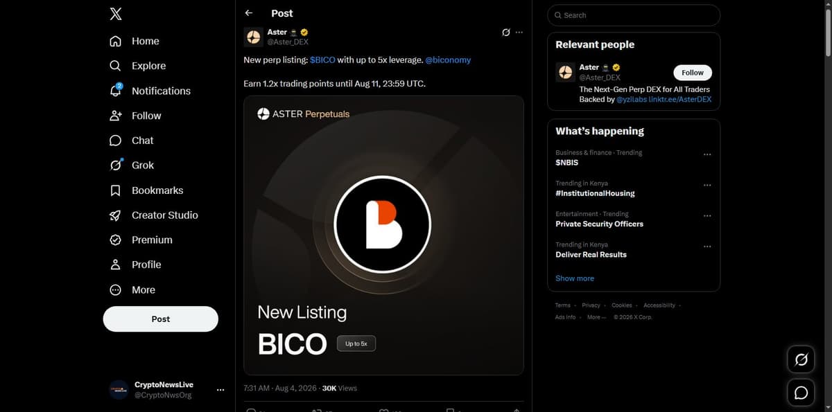 Aster DEX tweet announcing a new BICO perpetual listing with up to 5x leverage