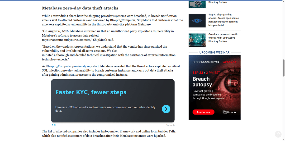 BleepingComputer report on Metabase zero-day attacks