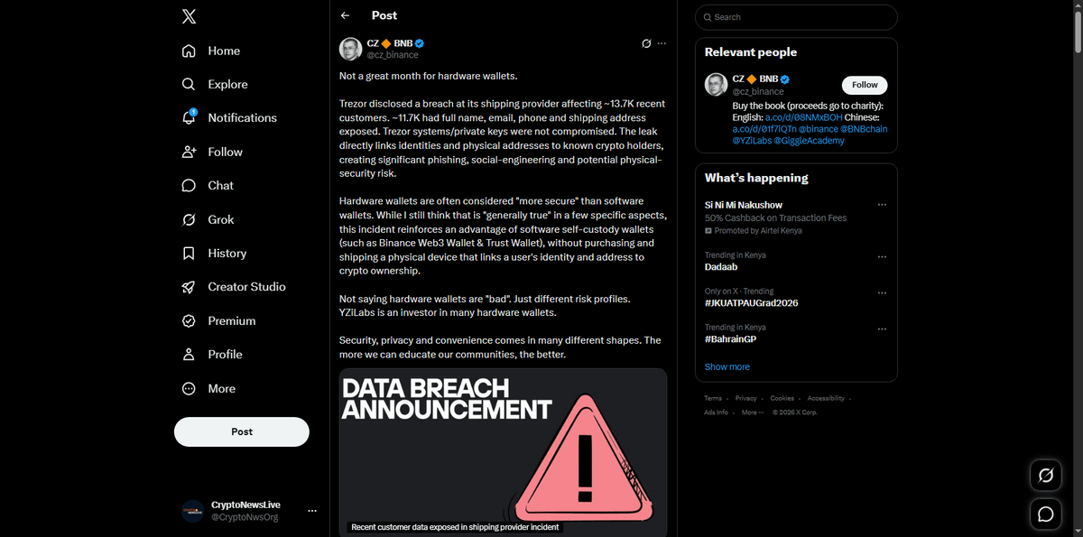 CZ Binance reaction to Trezor breach on X