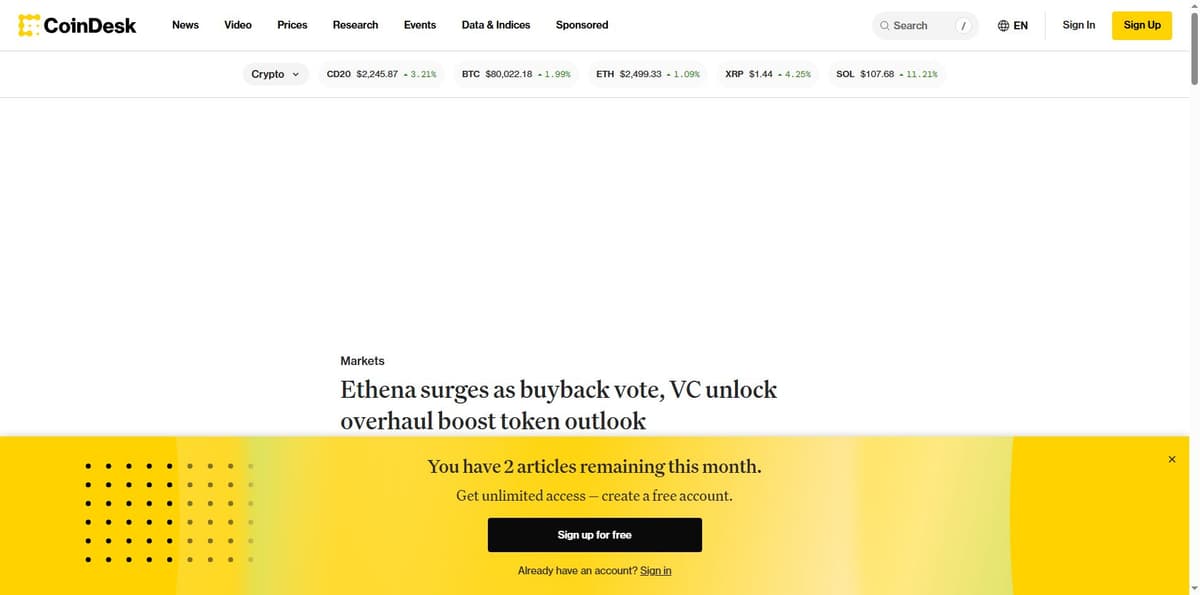 CoinDesk article on Ethena's buyback vote and VC unlock overhaul