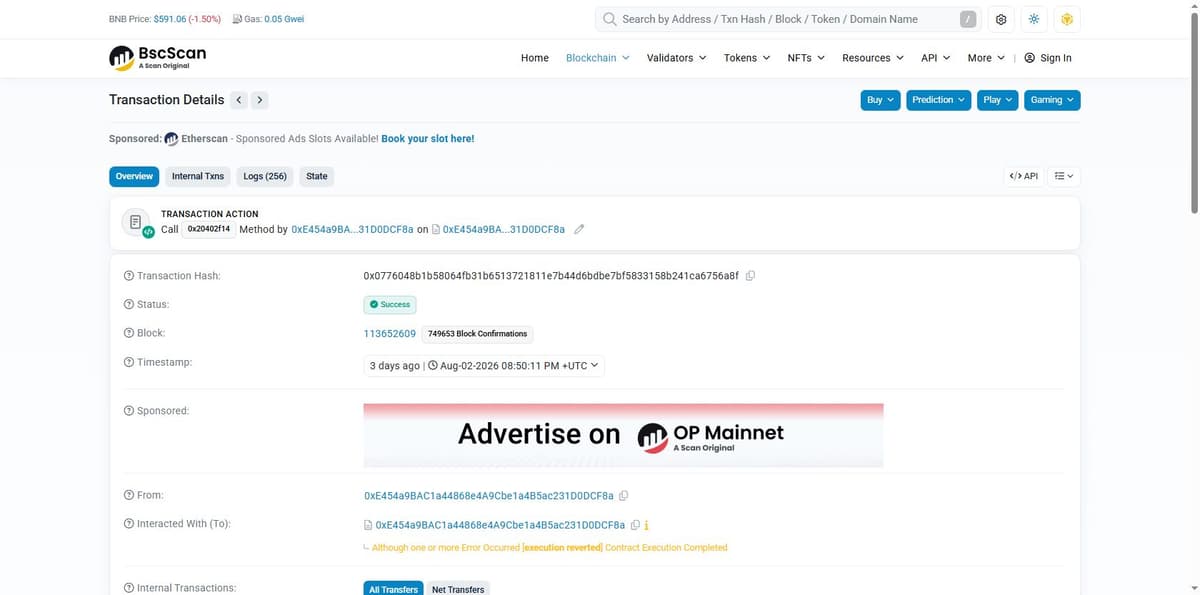 BscScan transaction detail confirming the MOKE exploit transaction hash, block, and executor address