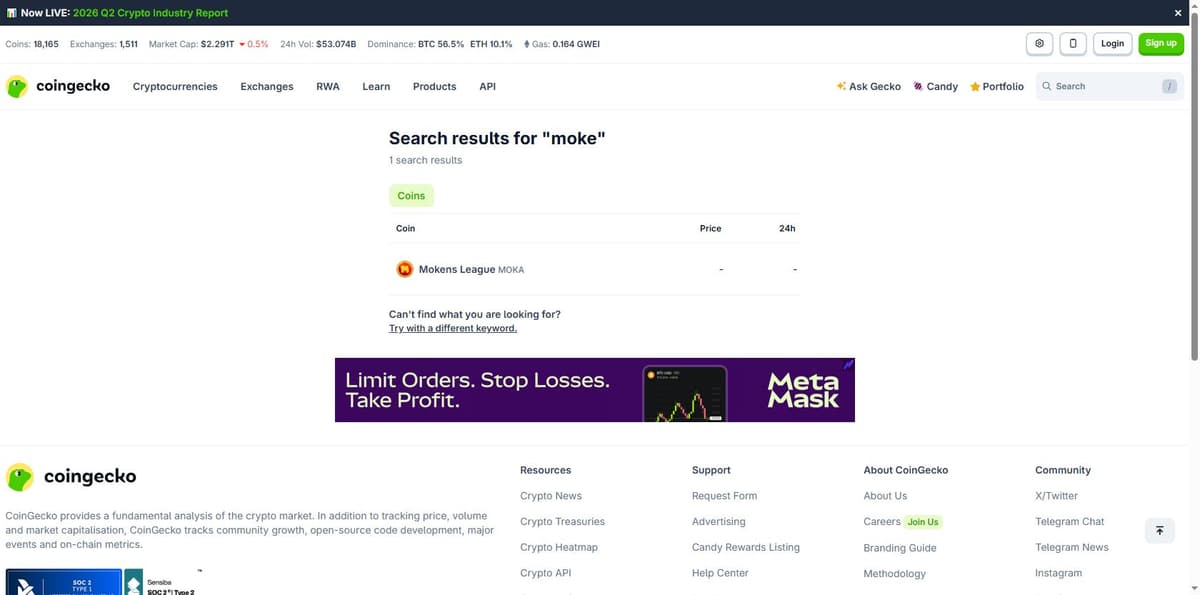 CoinGecko search results for moke showing no listing for the exploited token