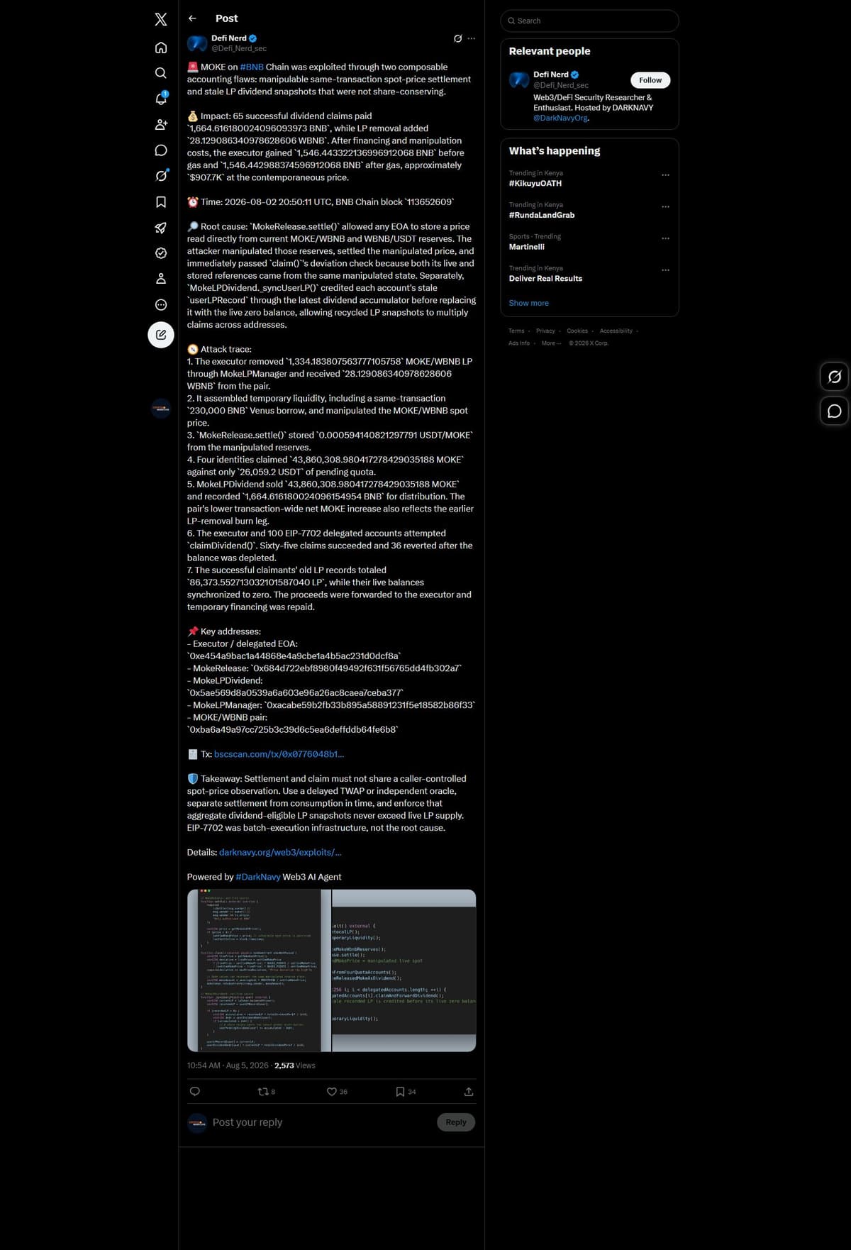 Defi Nerd technical breakdown of the MOKE exploit on X with attack trace and contract addresses