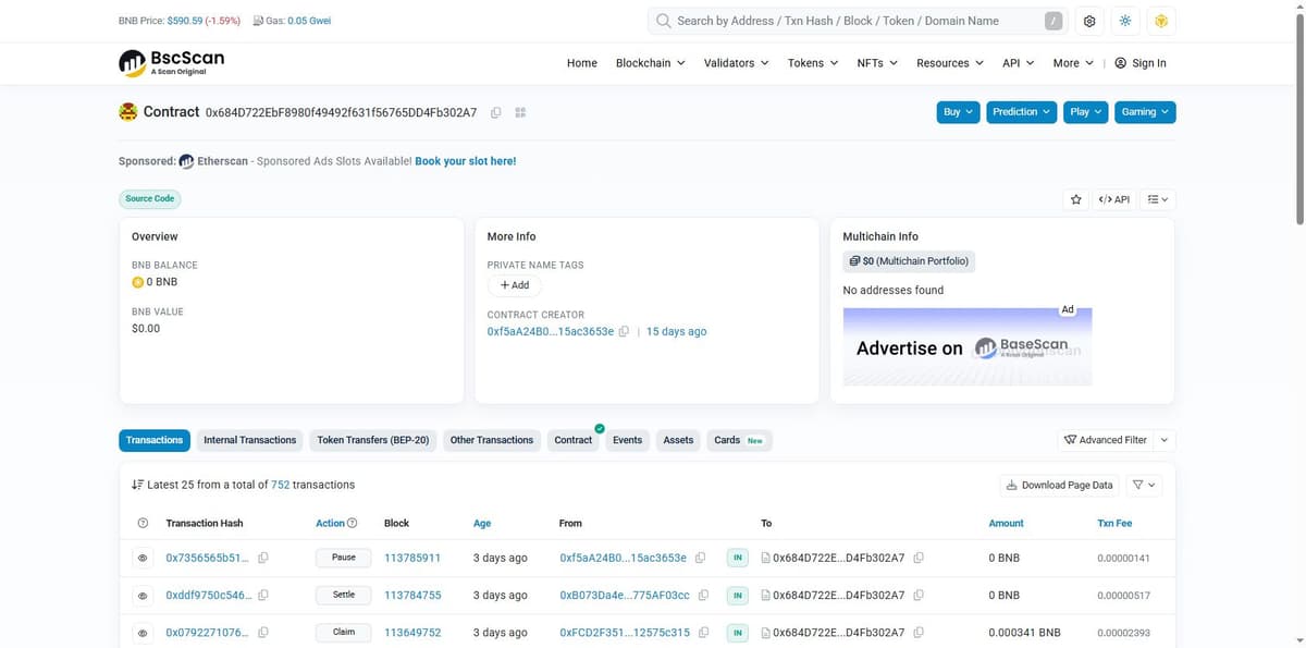 BscScan showing the MokeRelease contract's most recent transaction as a Pause call from the contract creator