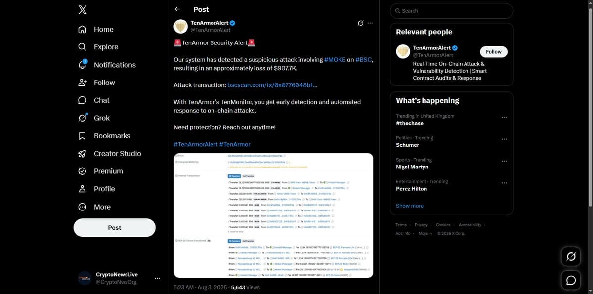 TenArmor security alert on X flagging the MOKE exploit with the same loss figure and transaction link