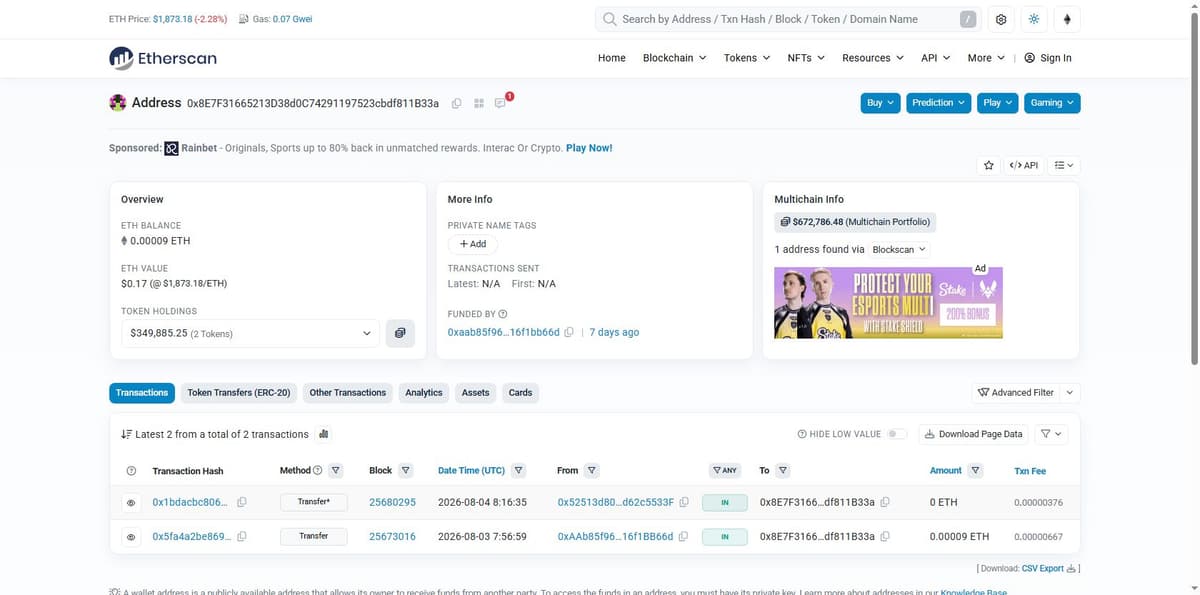 Etherscan page for the attacker's Ethereum wallet showing funded-by label and zero outbound transactions