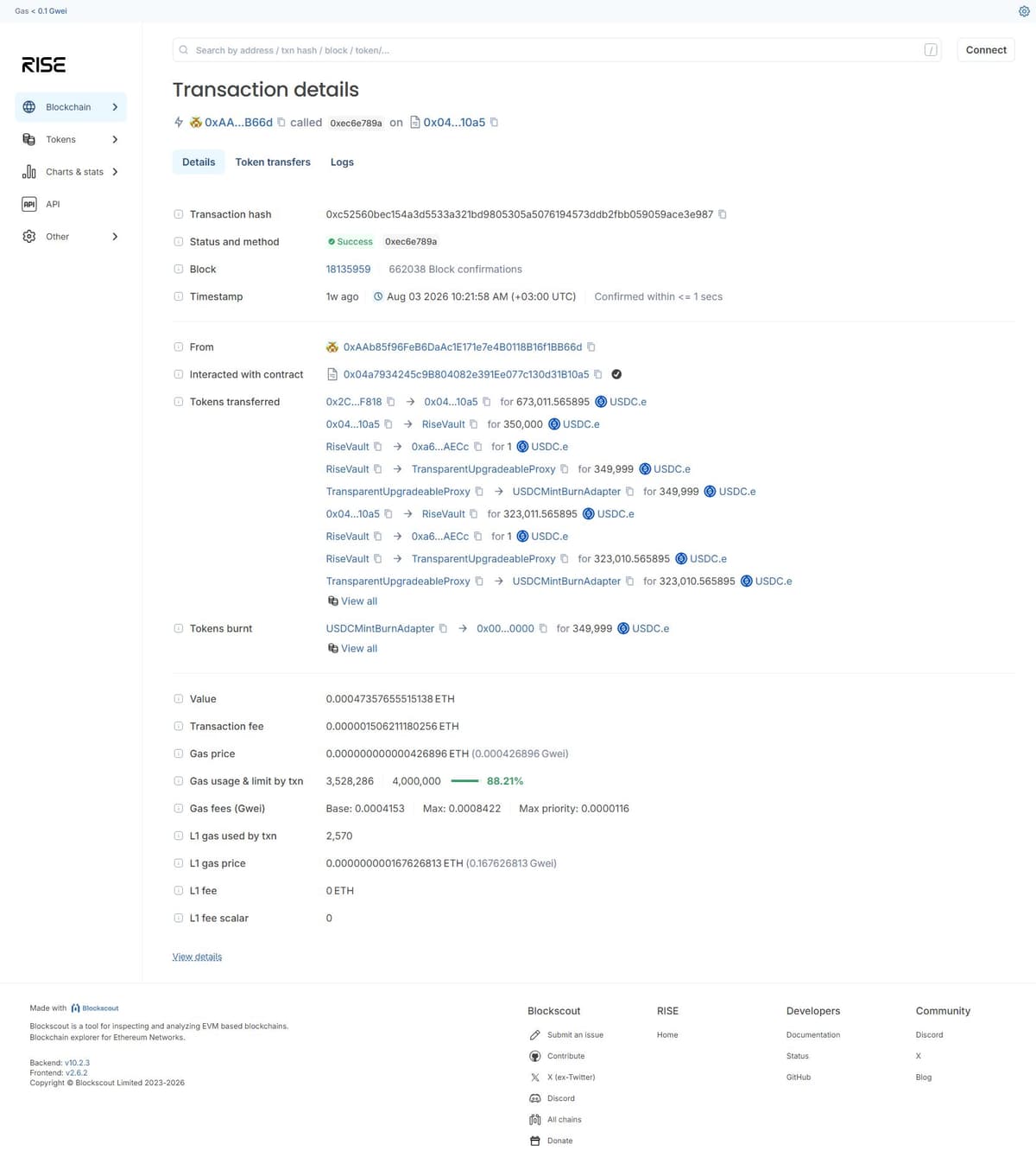 RISE Mainnet block explorer showing the exploit transaction and token transfers