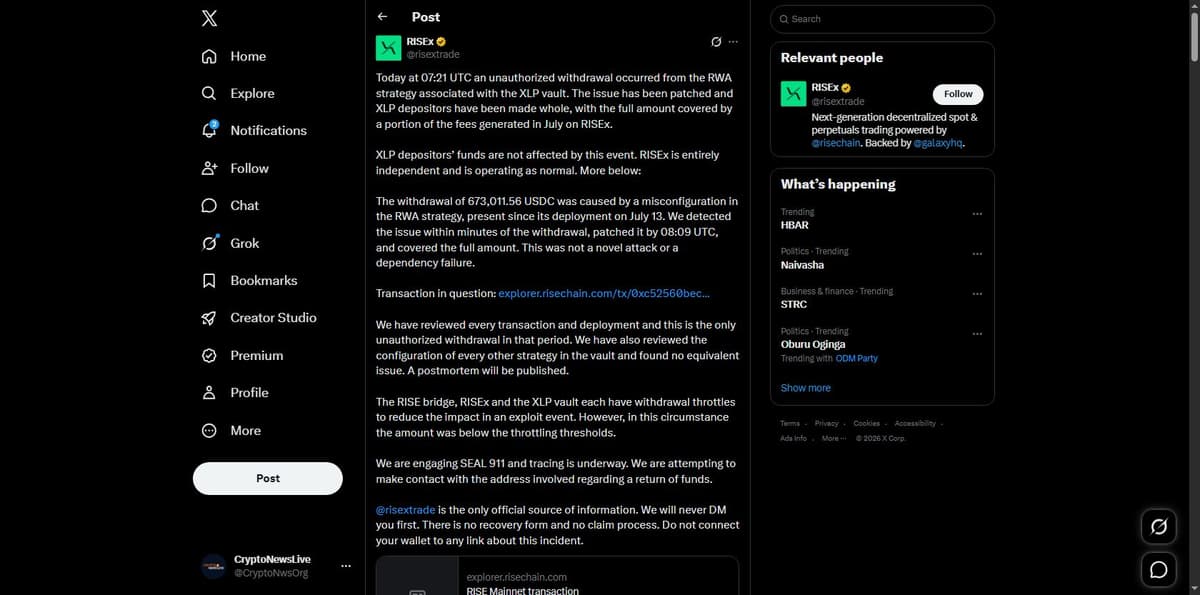 RISEx official statement on X about the August 3 unauthorized withdrawal