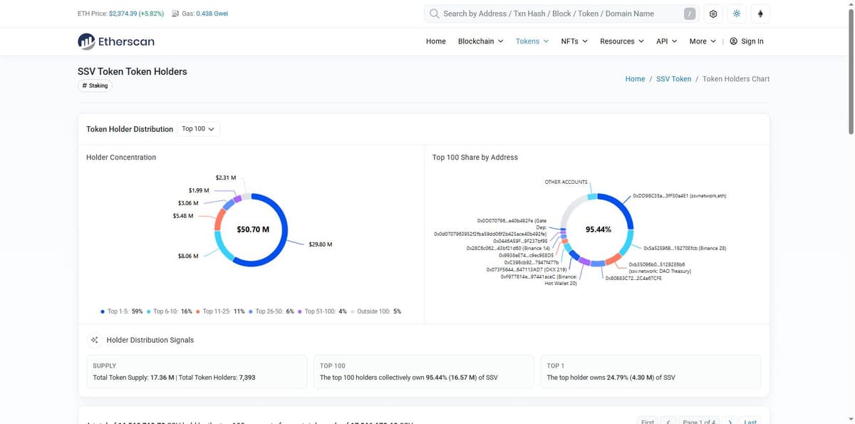 Etherscan SSV token holder chart showing top holders labeled ssvnetwork.eth, Binance, and DAO Treasury