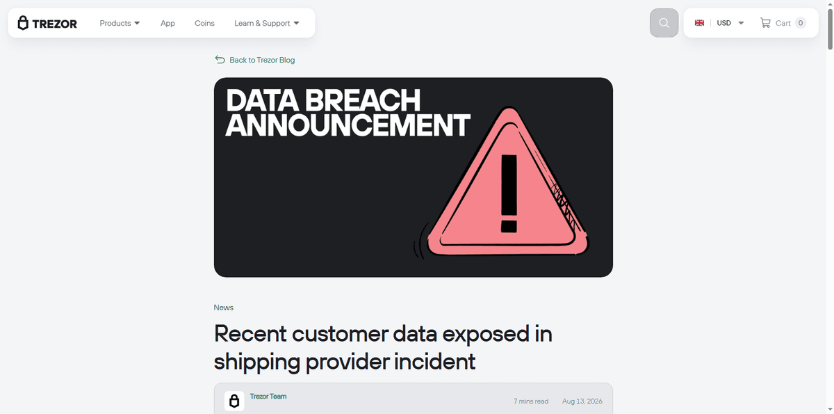 Trezor official blog post on the ShipMonk data breach