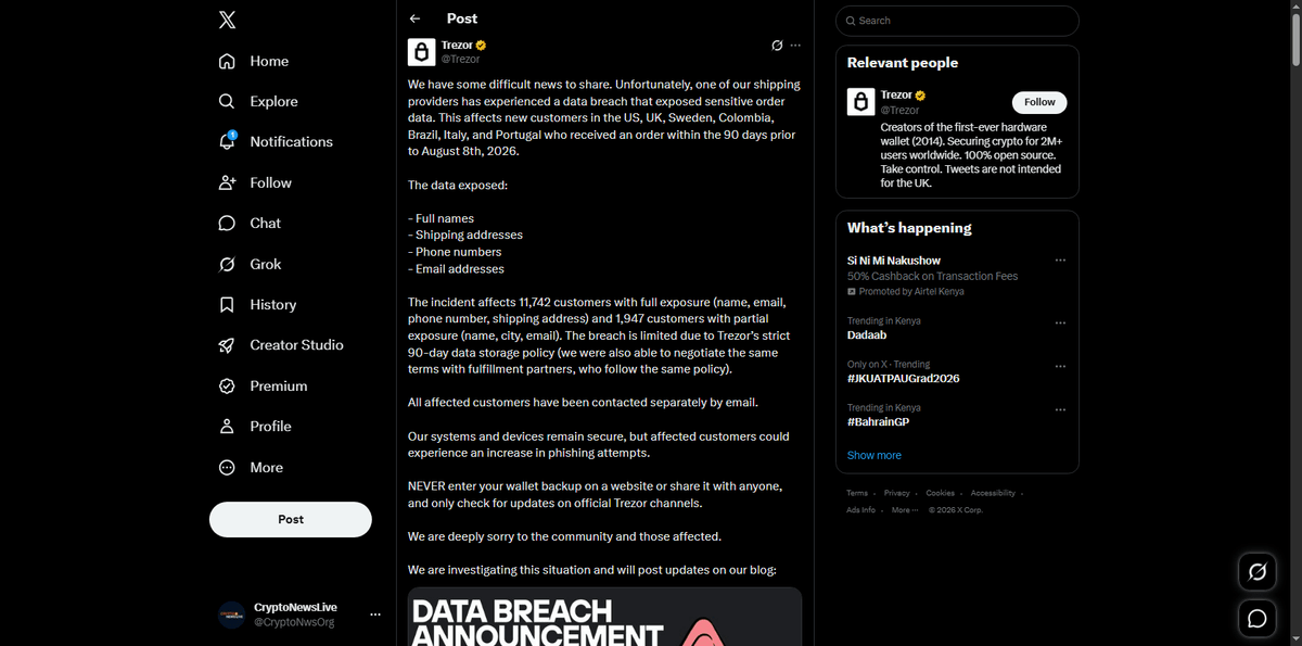 Trezor breach announcement on X