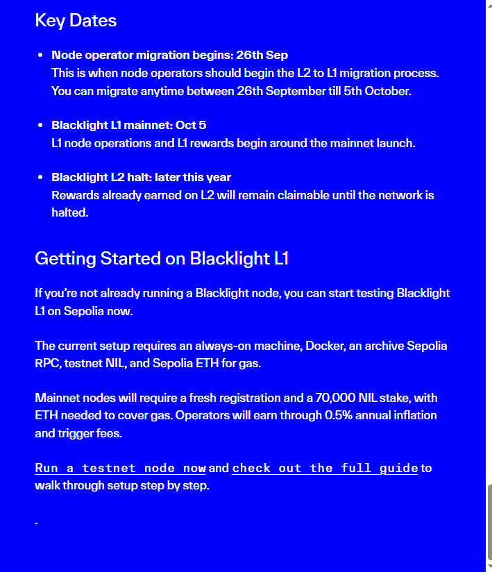 Nillion migration guide Key Dates listing migration from 26th Sep and Blacklight L1 mainnet on Oct 5