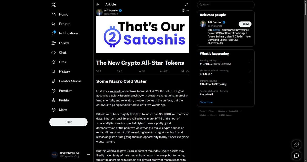 Jeff Dorman X post naming SYRUP among crypto all-star tokens