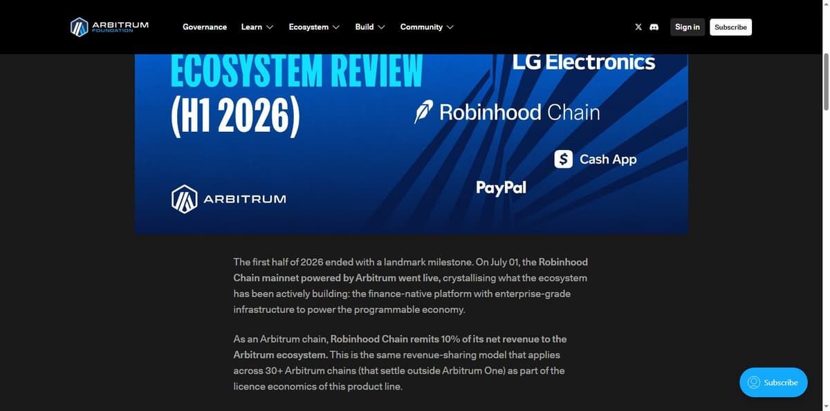 Arbitrum Foundation blog post confirming the 10 percent revenue share from Robinhood Chain