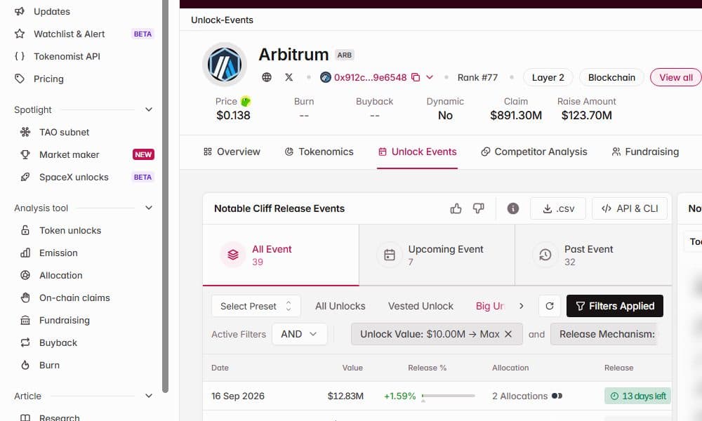 Tokenomist unlock schedule showing Arbitrum's next token unlock on September 16