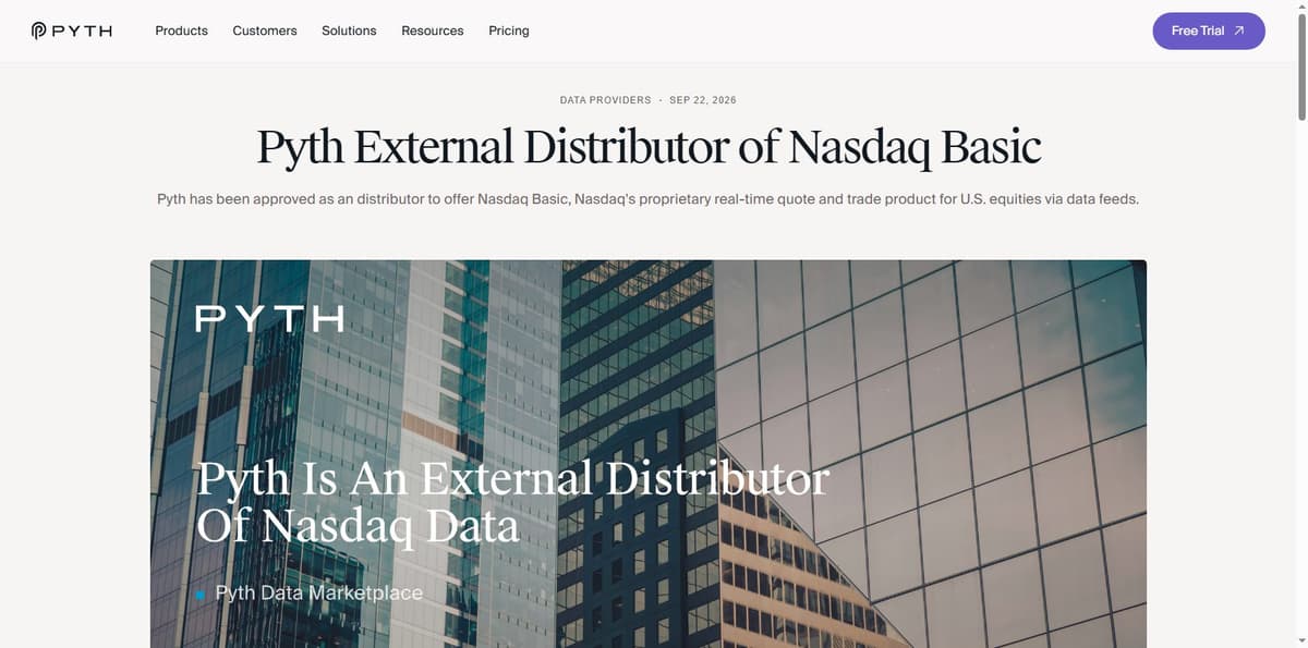 Pyth Network's own blog post announcing it is an external distributor of Nasdaq Basic, dated September 22, 2026