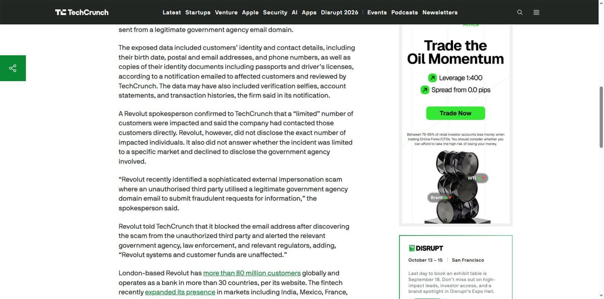 TechCrunch report on the Revolut data breach with spokesperson statement