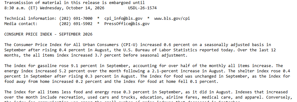 Bureau of Labor Statistics news release for September 2026 consumer prices, reading that CPI-U rose 0.6 percent and the all items index rose 3.7 percent over 12 months