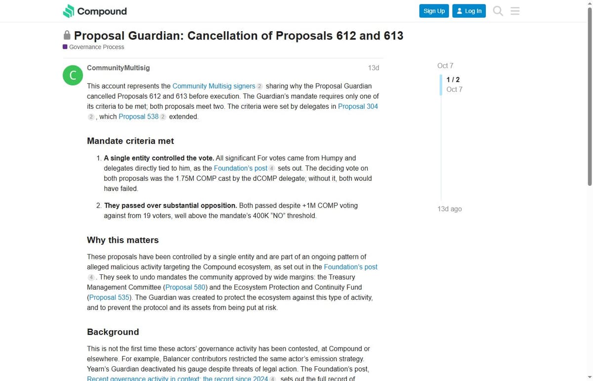 Community Multisig forum post explaining why the Proposal Guardian cancelled Proposals 612 and 613