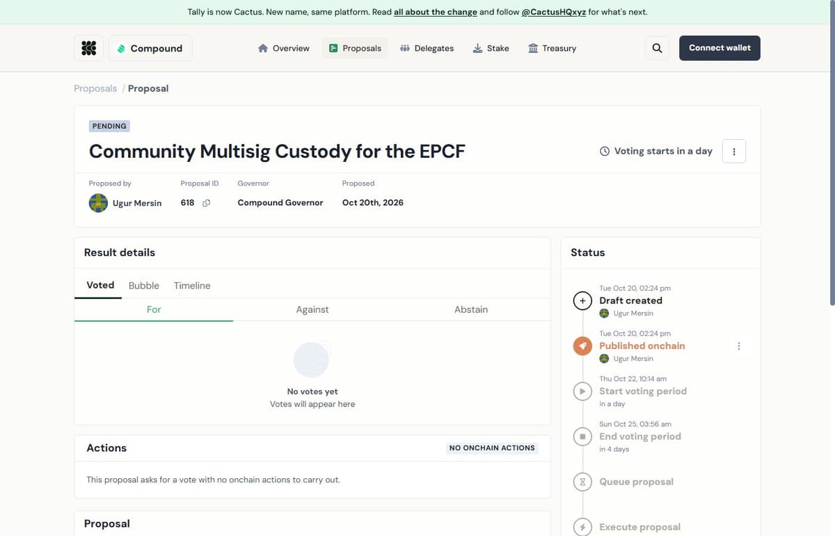 Tally page for Compound Proposal 618, Community Multisig Custody for the EPCF, status pending