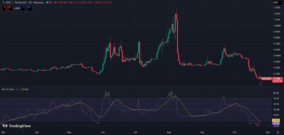 EPIC/USDT daily chart on Binance showing the run to 1.29 in August and the drop to 0.12 with daily RSI near 25