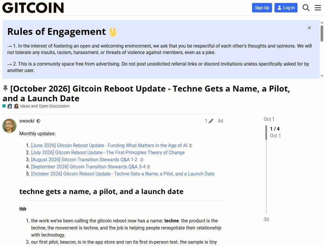 Gitcoin governance forum post titled October 2026 Gitcoin Reboot Update, Techne Gets a Name, a Pilot, and a Launch Date, posted October 1 by owocki