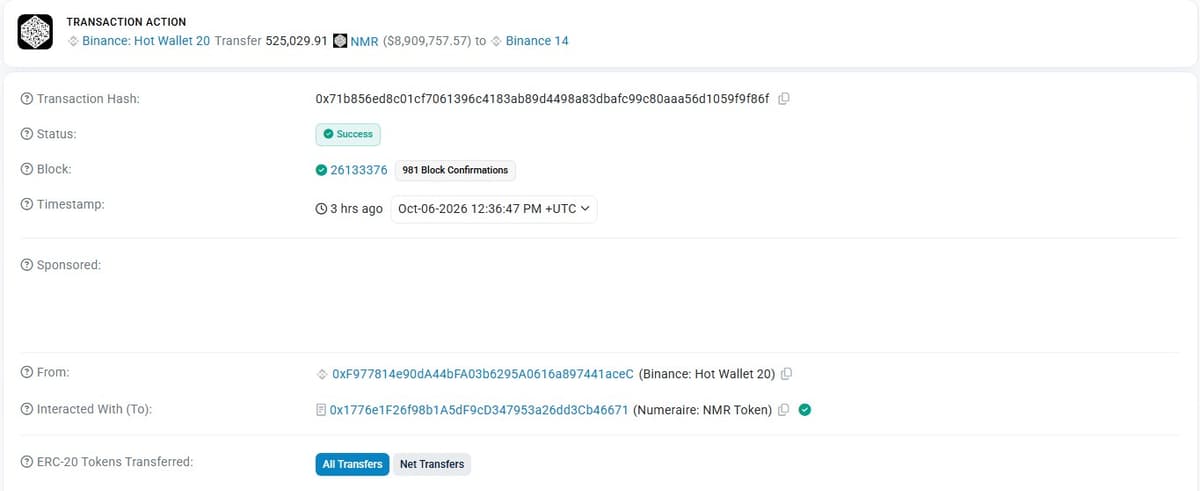 Etherscan transaction page showing Binance Hot Wallet 20 transferring 525,029.91 NMR to Binance 14 on October 6 2026