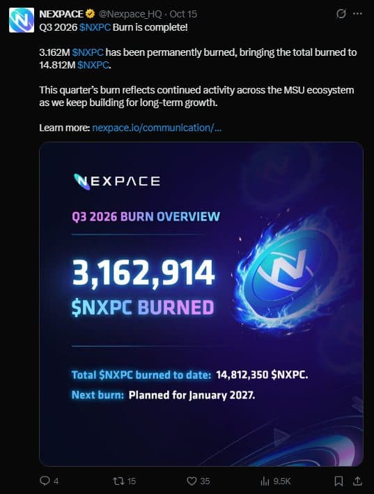 Nexpace post on X dated Oct 15 announcing the Q3 2026 NXPC burn is complete, with a graphic reading 3,162,914 NXPC burned, total NXPC burned to date 14,812,350, next burn planned for January 2027