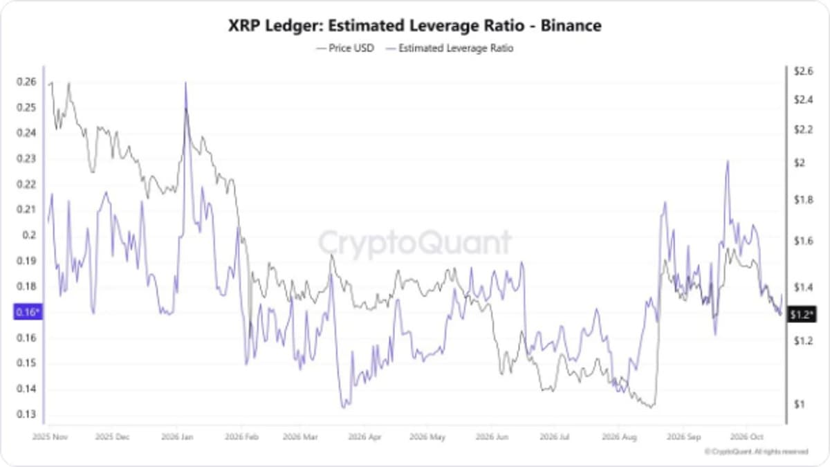 CryptoQuant chart of XRP Ledger Estimated Leverage Ratio on Binance with price in USD, from November 2025 to October 2026