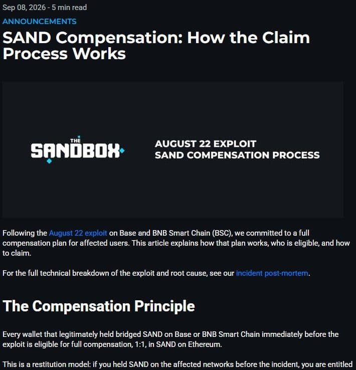 The Sandbox blog post on the SAND compensation claim process