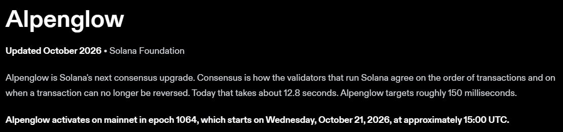 Solana Foundation Alpenglow page reading Alpenglow activates on mainnet in epoch 1064, which starts on Wednesday, October 21, 2026, at approximately 15:00 UTC, with the line that consensus takes about 12.8 seconds today and Alpenglow targets roughly 150 milliseconds
