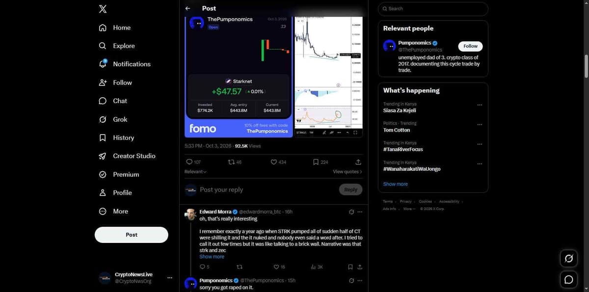Pumponomics post on X from October 3 at 5:33 PM showing a Fomo position card with $774.2K invested, $443.8M average entry and a promo code line, 92.5K views