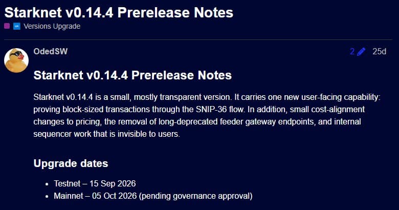 Starknet community forum prerelease notes for v0.14.4 showing mainnet on 05 Oct 2026 pending governance approval and describing small cost-alignment changes