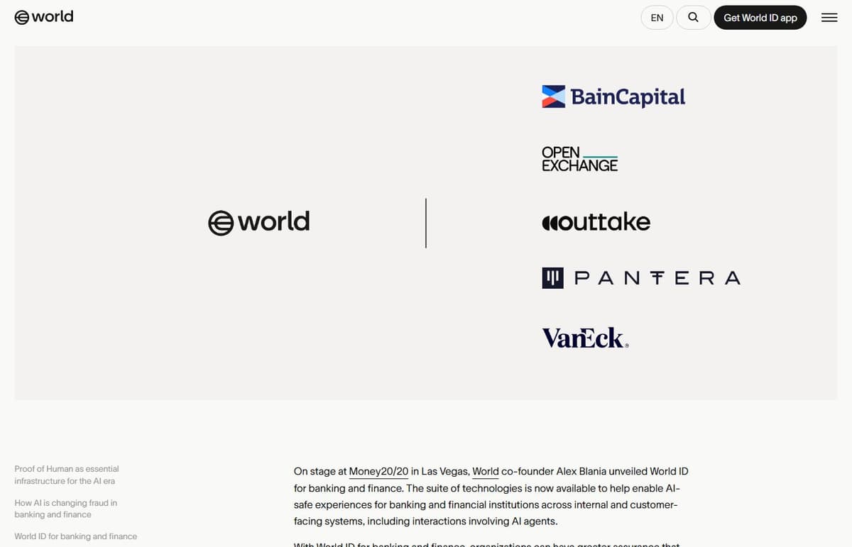 World blog post introducing World ID for banking and finance with design partner logos for Bain Capital, OpenExchange, Outtake, Pantera and VanEck