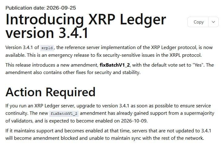 XRPL.org blog post Introducing XRP Ledger version 3.4.1 published 2026-09-25 stating the fixBatchV1_2 amendment is expected to become enabled on 2026-10-09