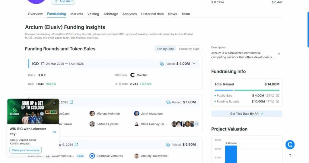CryptoRank fundraising page for Arcium
