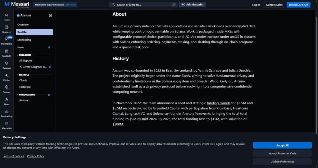 Messari Arcium profile page