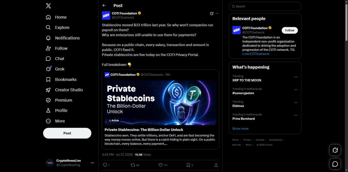 COTI Foundation official X post announcing private stablecoins live on the Privacy Portal