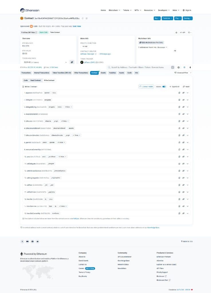Etherscan Write Contract tab for zkPass ZKP token listing eighteen functions with no mint pause freeze or blacklist function present, alongside LayerZero cross chain functions