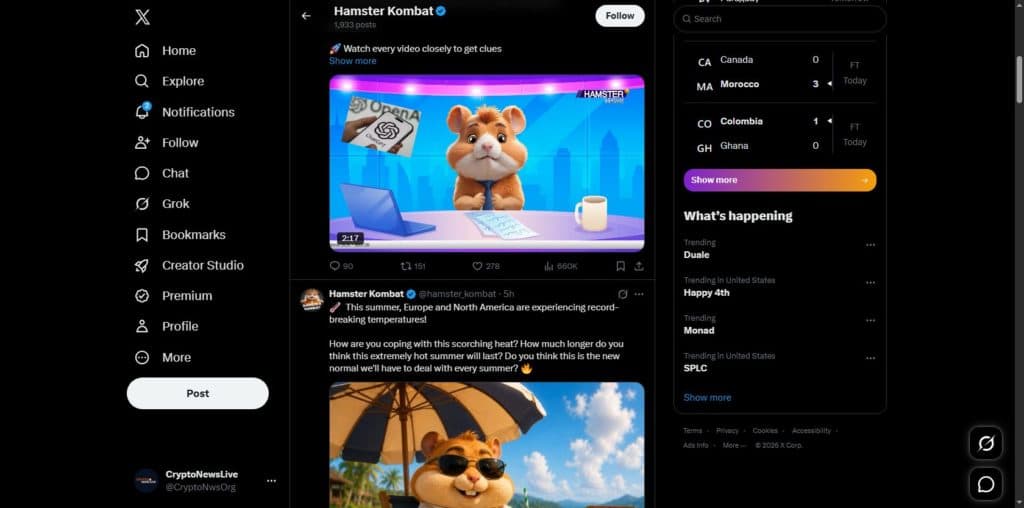 Hamster Kombat official X account recent posts