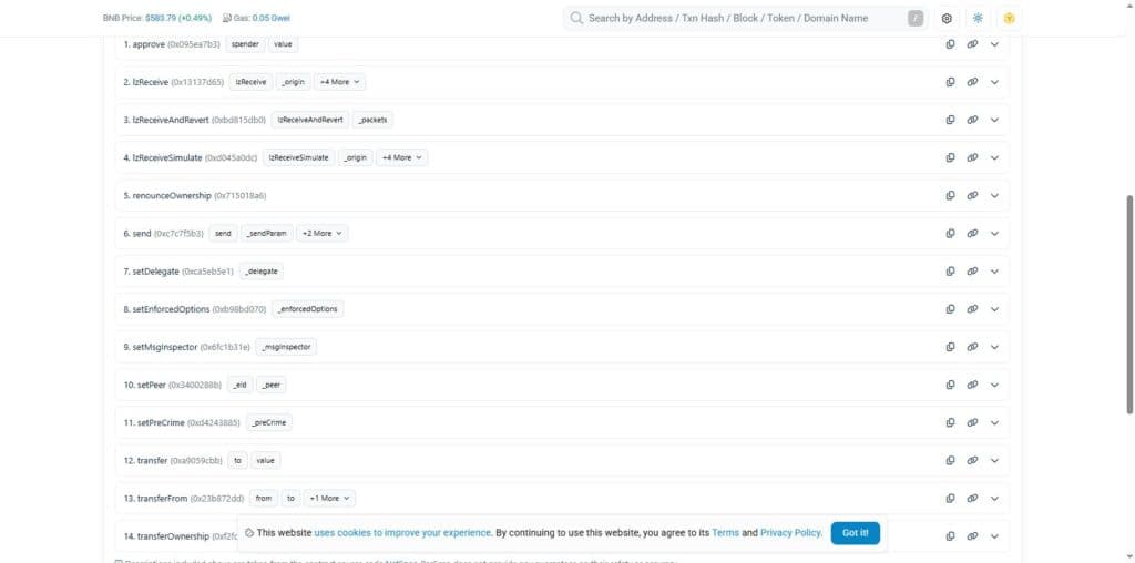 BscScan Write Contract tab for TAC token listing fourteen functions including approve lzReceive renounceOwnership send setDelegate setPeer transfer and transferOwnership with no mint pause or blacklist function present